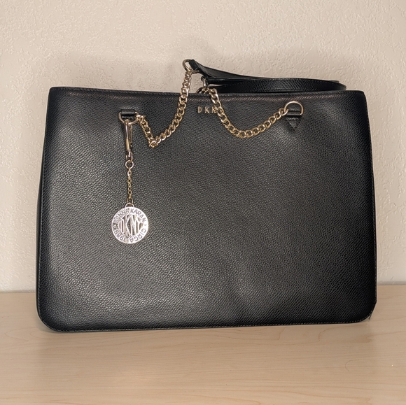 DKNY Black Leather Charm Tote with Gold Accents - Picture 5 of 16